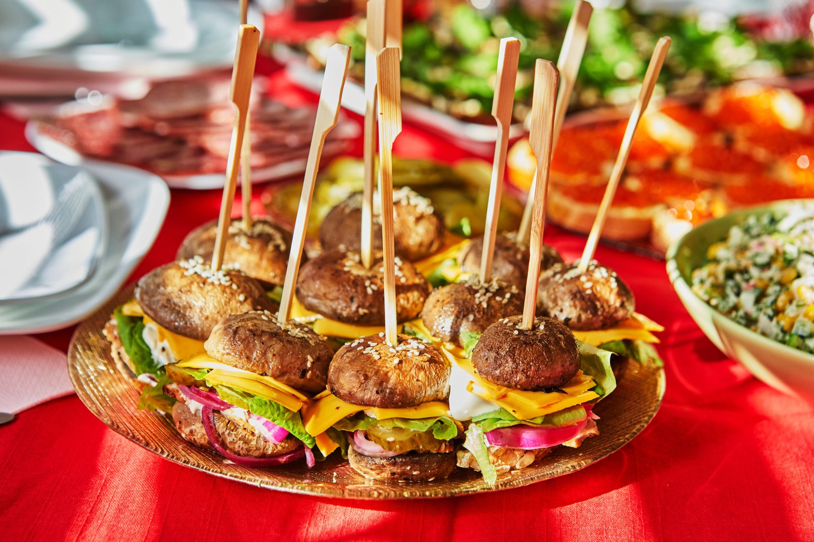 Burgers made from mushrooms, cheese, meat and cucumbers. Healthy food, gluten free.