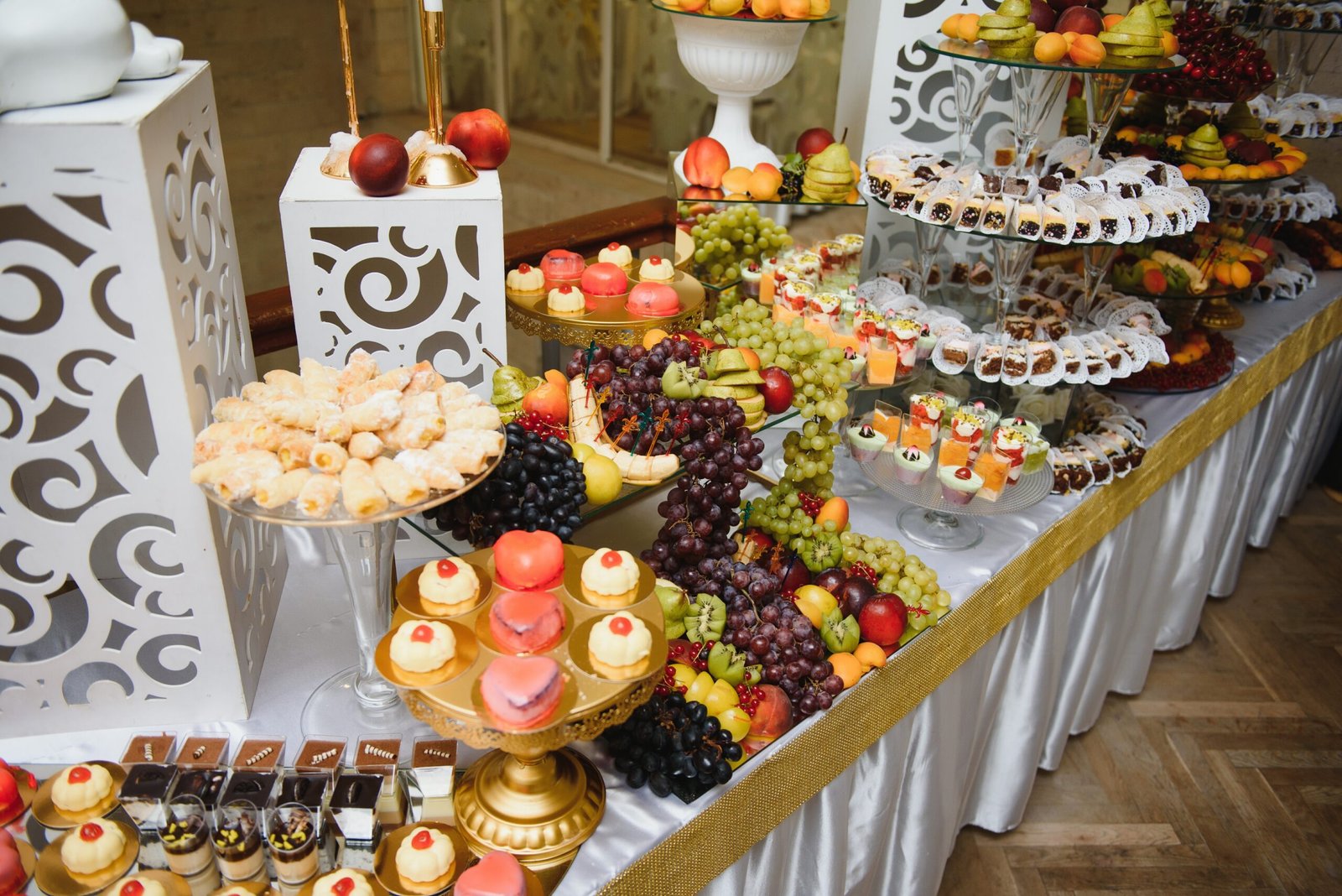 various dessert with fresh fruit on buffet line, sweet